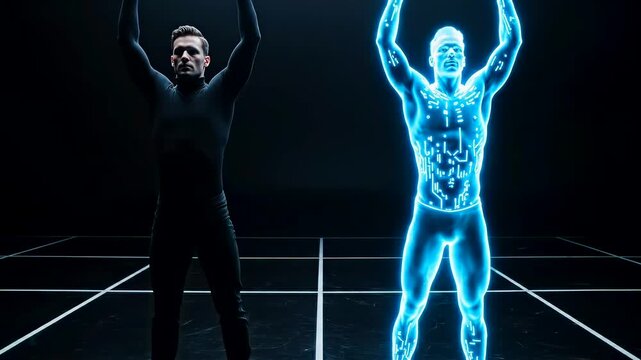 man moves beside digital twin, side view in a dark virtual grid space, synchronized gesture tracking, biometric mapping, avatar duplication, futuristic metaverse technology concept 