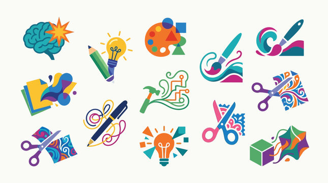 A vibrant collection of colorful icons representing creativity, art, and innovation, including a brain, lightbulb, paint palette, scissors, and brushes.