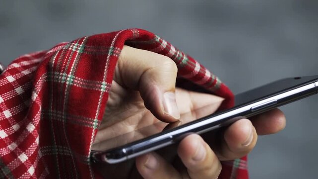 Close-up of a hand in a red plaid shirt holding a smartphone with a blurred gray background.