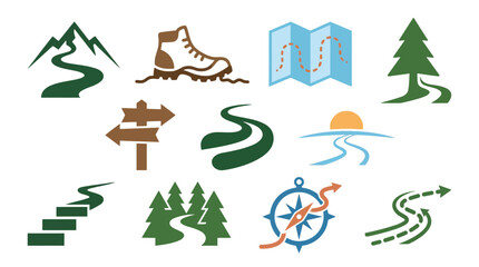 Collection of graphic icons representing hiking, navigation, and outdoor adventure themes, including paths, mountains, trees, a compass, and a boot. © tr