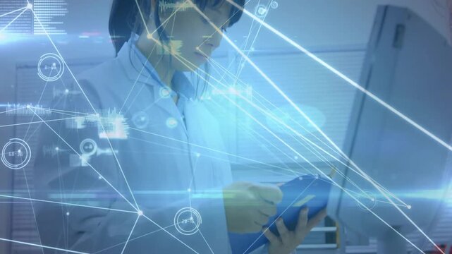 Female lab technician tapping blue tablet, animating HUD overlays and verifying experiment data
