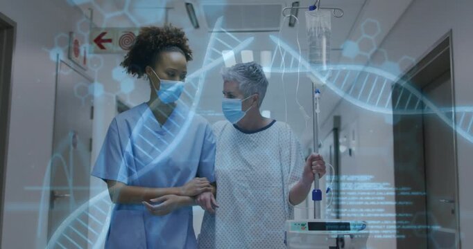 Nurse offering elbow support guiding patient holding IV for rehab as DNA hologram overlaying pair