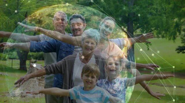Vertical video: Family posing in park while ghosted fading, globe nodes sweeping, showing tech