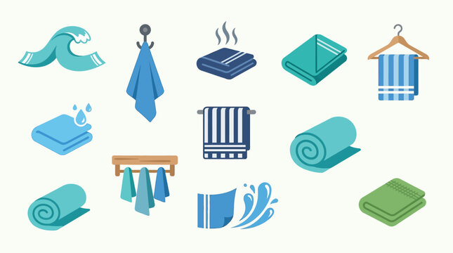 Collection of various types of towels and related accessories, including rolled, folded, and hanging towels, with water splashes and a wave motif.