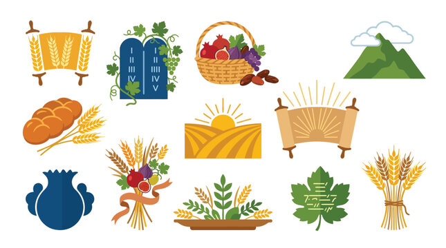 Collection of religious and agricultural symbols representing harvest, faith, and abundance.