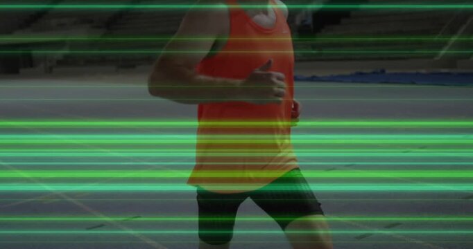 Runner running on sports track camera panning while glitch lines obscuring prosthetic blade testing