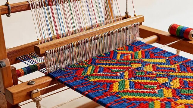 Traditional wooden loom weaving vibrant geometric textile pattern with colorful yarns&mdash;handcrafted artisanal craft, cultural heritage, and textile artistry in progress