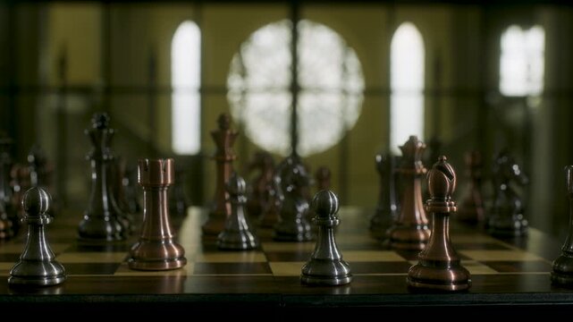Chess pieces on chessboard strategic planning and business decision concept