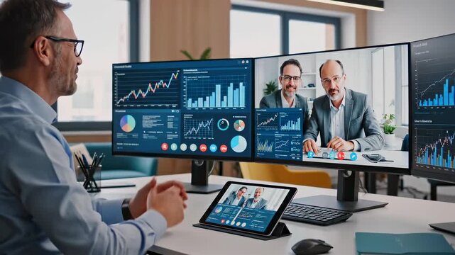 professional businessman works at desk with tablet and multiple monitors showing financial dashboards and a video call with colleagues, remote business analysis, online meeting, data reporting 