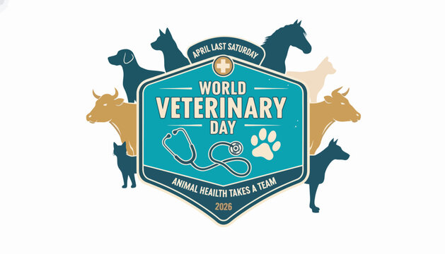 A vibrant World Veterinary Day badge takes center stage, framed by an array of diverse animal silhouettes, including dogs, cats, horses, and cows, along with medical symbols and event details.