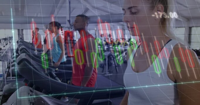 Camera pulling back revealing woman jogging on treadmill, finance chart fluctuating showing metrics