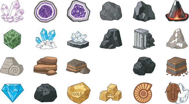 An extensive collection of diverse cartoon-style minerals, crystals, raw rocks, gold nuggets, and ancient fossils, presented as editable pixel art on a transparent background.