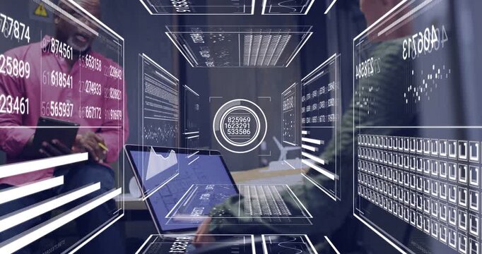 Two colleagues reviewing laptop in data meeting, HUD appearing, filling panels, guiding decision