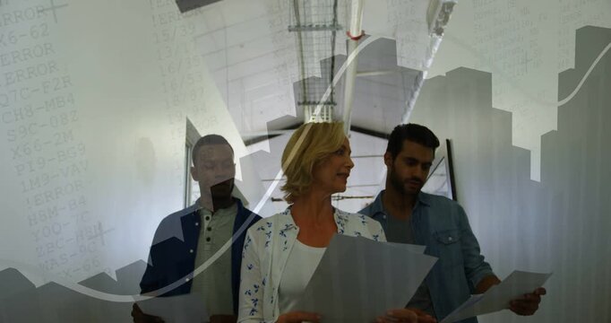 Team walking hall woman lifting docs leading business review while chart overlay sweeping over docs