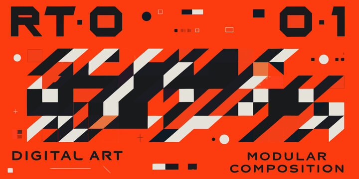 Abstract digital art featuring geometric shapes and bold typography