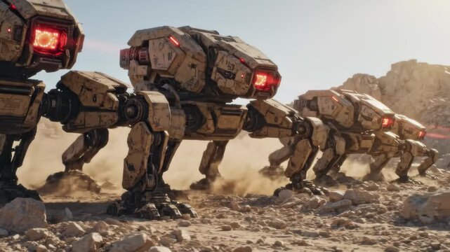 Tracking shot of war machine walking across desert landscape