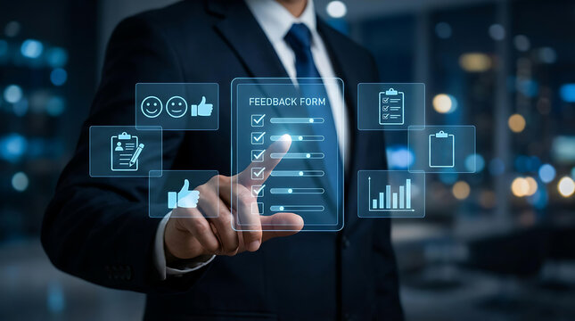 Businessman Analyzing Digital Customer Feedback Dashboard with Data Analytics Interface