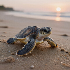 Obraz premium Realistic 3D Render Sea Turtle. Baby Sea Turtle On Sandy Beach