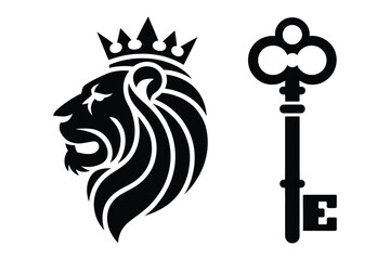 Royal lion head and skeleton key silhouette with black and white © Sadek