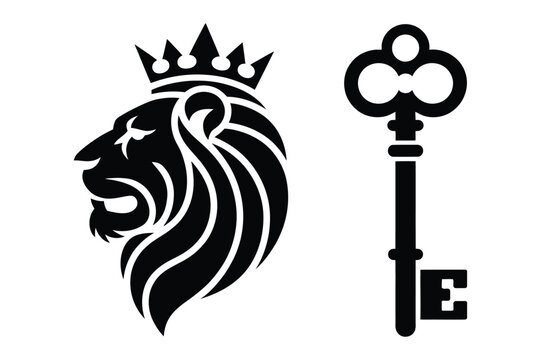 Royal lion head and skeleton key silhouette with black and white
