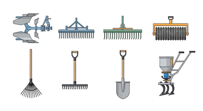 Collection of agriculture and gardening tools icons including plow, rake, shovel, and seed drill. Vector illustration isolated on white background for design.