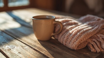 Fototapeta premium Ceramic coffee mug with knitted scarf on rustic wooden table in warm sunlight