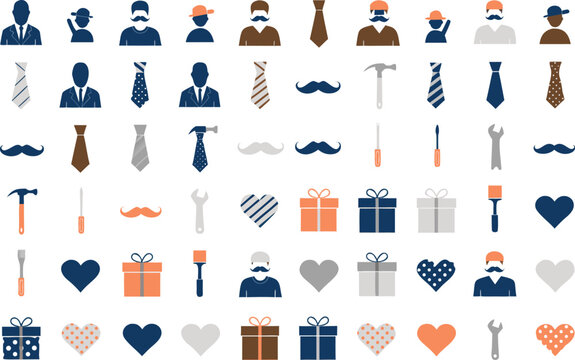 Collection of various father day themed icons including mustaches ties gifts tools and avatars Vector