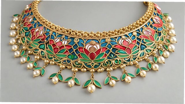 Exquisite enamelled gold necklace with pearls and floral motifs
