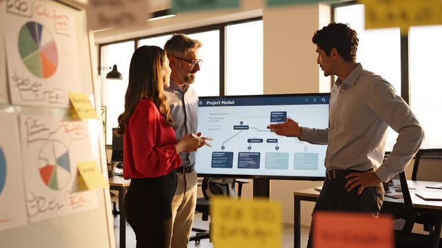 business team reviews workflow diagram during office meeting, professionals discuss project structure, planning strategy and collaboration around digital presentation