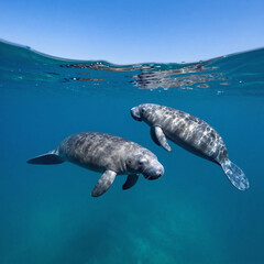 Naklejka premium Art Nouveau Ocean Animals. Manatees Swimming In The Ocean Under A Blue Sky