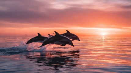 Fototapeta premium Dolphins jumping from ocean at Panama City Beach during sunset