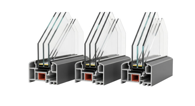 Hyper-detailed 3d architectural cross-section of double, triple, and vacuum igus on transparent, showing low-e glass, argon, and thermal breaks, concept of advanced building envelope materials