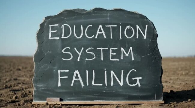 Education system failing message written on a chalkboard standing alone in a barren landscape