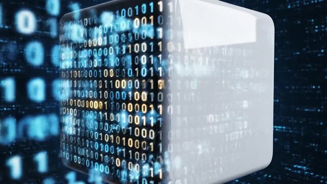 Futuristic White Cube Processing Binary Data Streams on Blue Gradient Background Representing Digital Transformation Artificial Intelligence Computing and Secure Data Encryption Concept