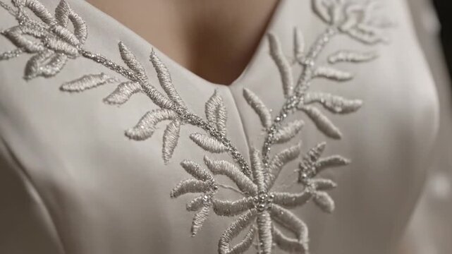 Elegant silver embroidery with beads on a white wedding dress neckline
