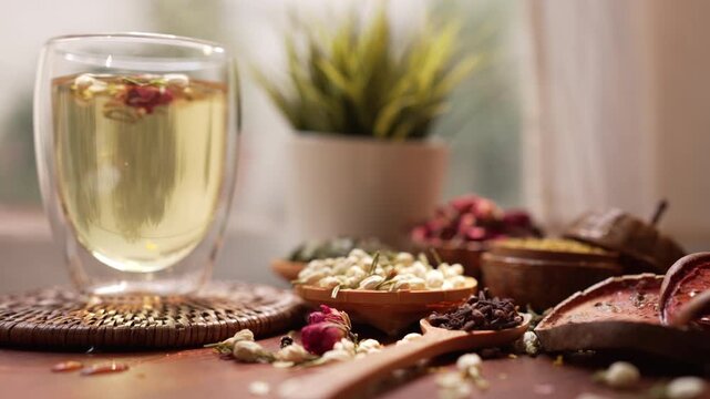 Slow zoom out and rack focus from herbal tea glass to dried jasmine, rose buds, cloves and bael fruit on wooden table with morning window sunlight and shadows, cozy wellness lifestyle mood.