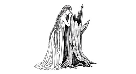 Mystical Dryad Embracing Ancient Tree Stump in Black and White Illustration.