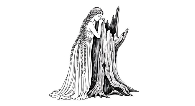 Mystical Dryad Embracing Ancient Tree Stump in Black and White Illustration.