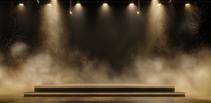 Empty two-tiered stage with warm spotlights and atmospheric smoke, ideal for performances, award ceremonies, product launches, posters, and promotional materials.