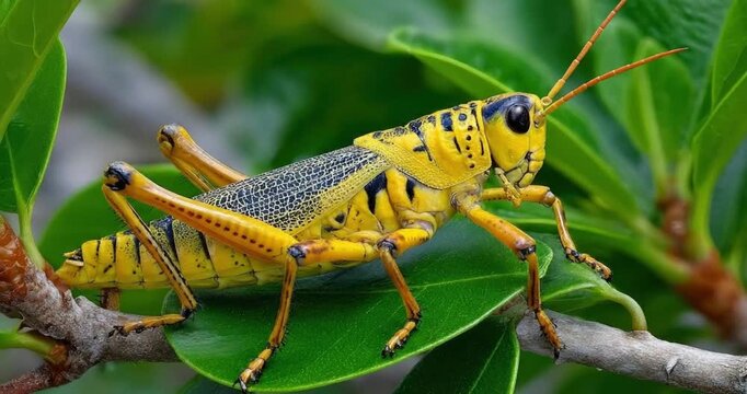 A striking, vibrant insect showcases its intricate details in a mesmerizing close-up. This large, colorful grasshopper features a brilliant yellow body strikingly contrasted with bold black markings, 