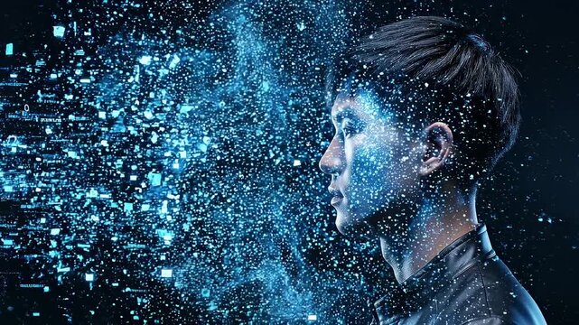 young man dissolving into digital particles, side profile portrait with fragmented face, futuristic data stream, cyber identity loss, virtual transformation and privacy risk concept 