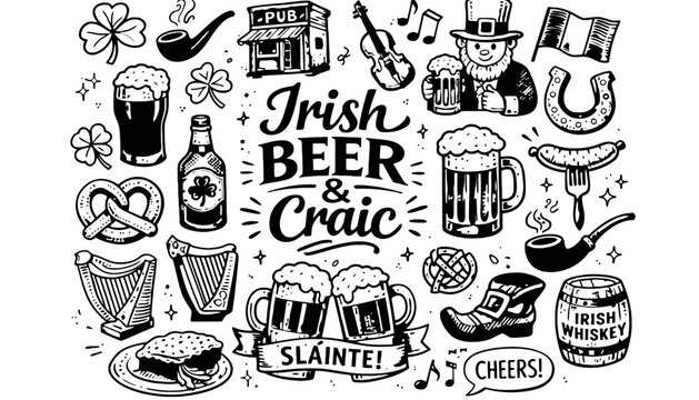 Irish beer and craic illustration with various festive icons and symbols