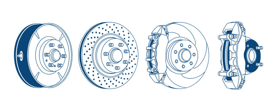 Four different types of car brake vector discs and calipers assembly