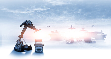 Container truck in ship port for business Logistics and transportation of Container Cargo ship and Cargo plane for logistic import export and transport industry concept