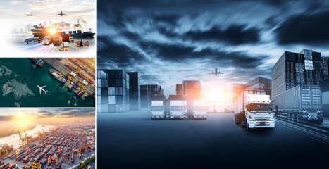 Global business of Container Cargo freight train for Business logistics concept, Air cargo trucking, Rail transportation and maritime shipping, Online goods orders worldwide