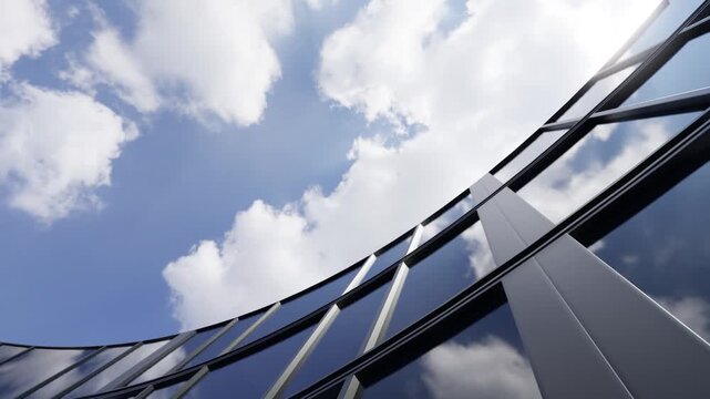 Modern architecture glass facade curved building with reflective window, steel frame, blue sky cloud reflection on office tower exterior