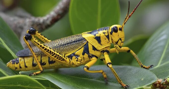 A strikingly patterned insect, featuring vibrant yellow and black stripes, rests calmly on a lush green leaf. The detailed macro shot highlights its intricate body texture, segmented legs, and promine