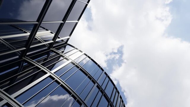 Modern glass building facade with curved skyscraper structure, steel frame windows, reflection of bright sky and clouds, corporate office architecture
