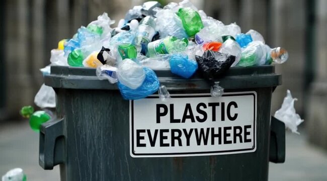 Overflowing plastic trash bin highlighting the urgent global environmental crisis of plastic waste pollution.