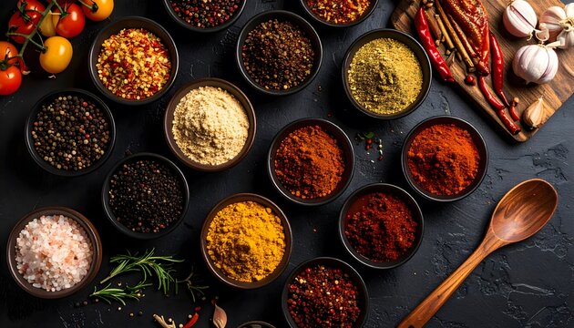 Aromatic Spices and Herbs in Bowls on a Dark Background with Wooden Spoon.